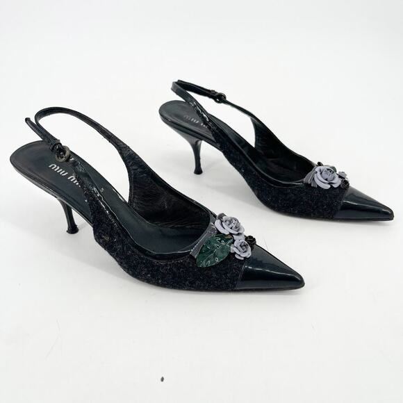 Miu Miu Vintage Charcoal Wool Black Cap Toe Floral Applique Slingback Heel IT 38 - Picture 1 of 13
